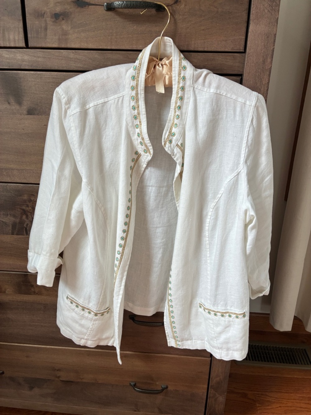Chico's White Linen Jacket with Green Embroidered Trim